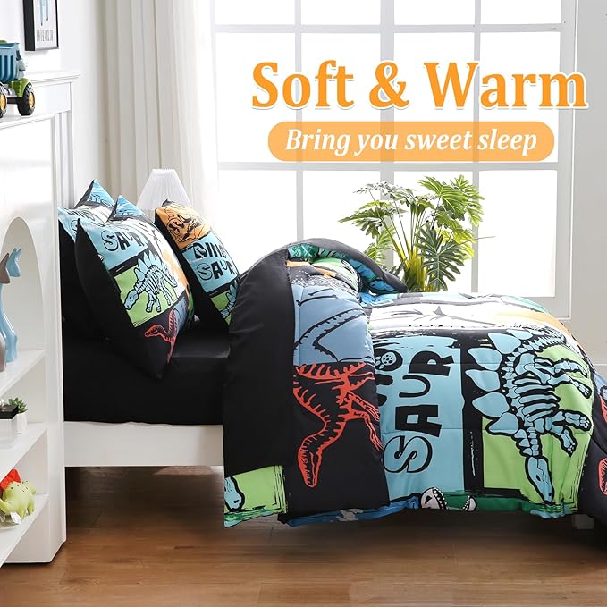 6 Pcs Bed in A Bag Full Comforter Set for Boys Girls, Dinosaur Comforter, Dinosaur Bedding Sets with Sheets for Kids