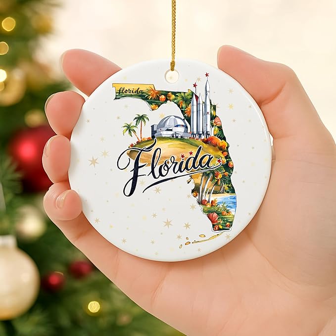 USA State Landmark Ceramic Ornament β Round Glossy Christmas Decoration Featuring U.S. State Art, Landmarks & Holiday Scenery β Collectible Travel Souvenir Ornament Series (Florida)