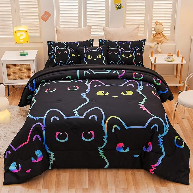 Cute Cat Full Comforter Set with Sheets, Boys Girls Lightweight 6 Pcs Bed in A Bag Full Size Bedding Set for Kids Teens
