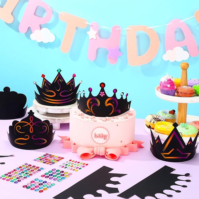 Yinder 130 Pcs Crown Party Favors Halloween DIY Crafts Set 48 Scratch Paper Crowns Headband Hats 24 Wooden Styluses 48 Elastic Bands 10 Sheet Colorful Gem Jewel Stickers