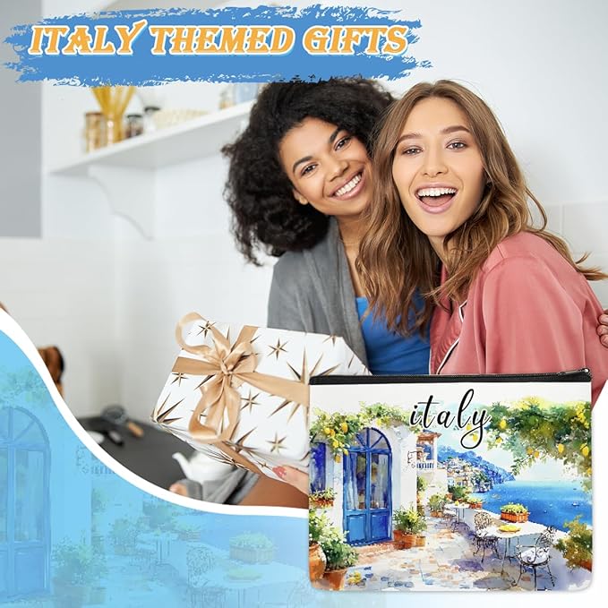Italy Makeup Bag Gifts for Women, Italy Souvenirs, Travel Essentials Cosmetic Pouch Waterproof Linen Toiletry Organizer, Italian Themed Gifts for Travelers Wife Mom Friends Teacher Coworker