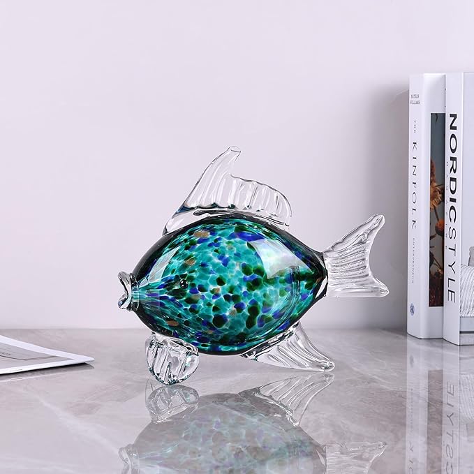 Large Glass Fish Figurine for Home Decor, Hand Blown Art Glass Ocean Animal Statue, Decorative Coastal and Beach Themed Sculpture for Table, Shelf, Bathroom, Living Room or Office