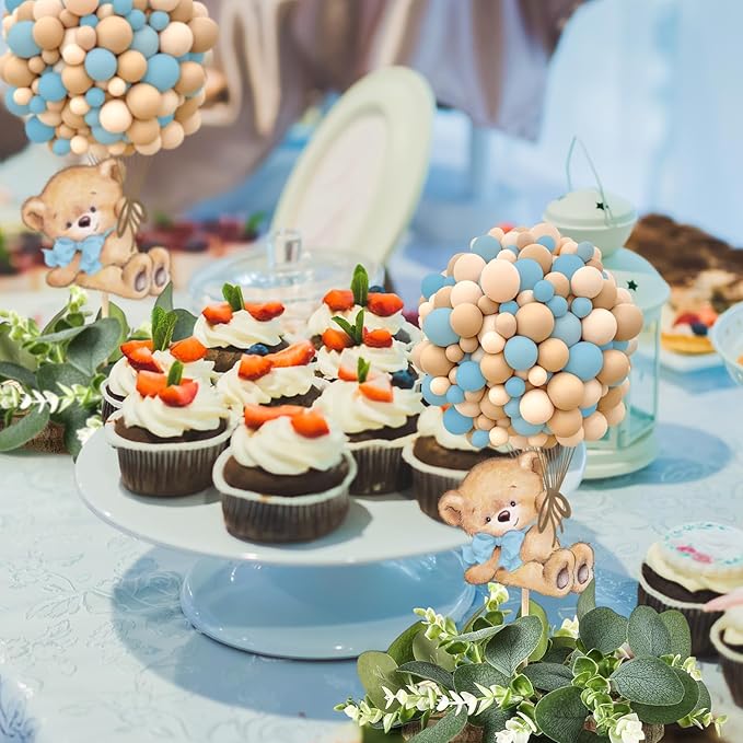 12 Set Blue Baby Shower Table Centerpieces Decortion Blue Bear with Eucalyptus Wreath Wood Slices Welcome Baby Table Topper for Gender Reveal It's A Boy Party Favors