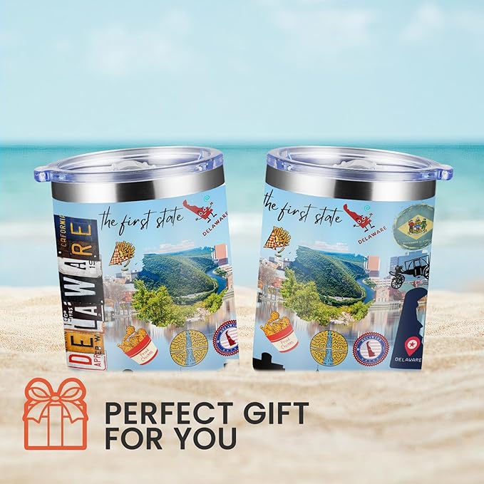 12oz Coffee Mug Delaware State Insulated Coffee Cups, United States Map Travel Mug Landmark, Birthday Gifts Cute Mugs with Lid and Straw Mothers Day Gifts