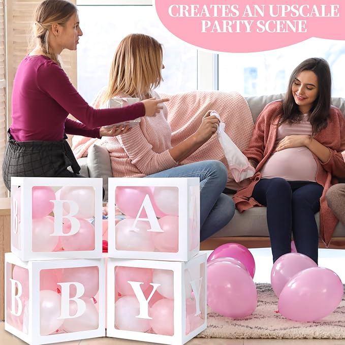 RUBFAC Baby Boxes for Baby Shower Decoration with 8 Letters and 36 Balloons 4pcs Clear Balloon Boxes BABY Blocks for Girls Birthday Party Decorations(Pink)
