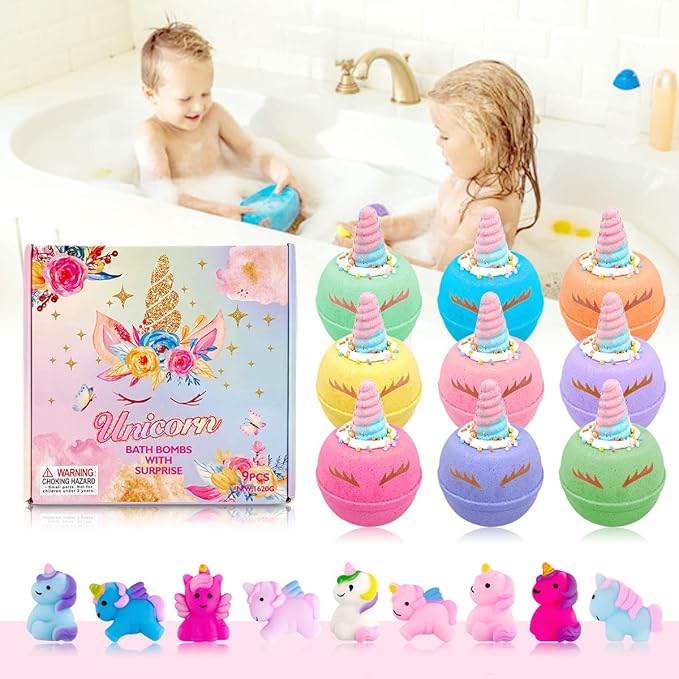 Unicorn Bath Bombs for Kids, 9 Large Kids Bath Salts with Squishy Toys Inside, Magic Unicorn Bath Balls with Surprise Inside for Girls…
