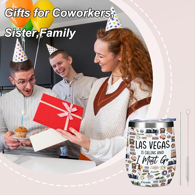 Las Vegas Souvenir Wine Tumbler 12 oz Insulated Wine Glass Cup with Lid Straw Vacuum Insulated Travel Cup,Travel Weekender Gifts for Women Sister Christmas Birthday Halloween Girls Trip Gifts Favors