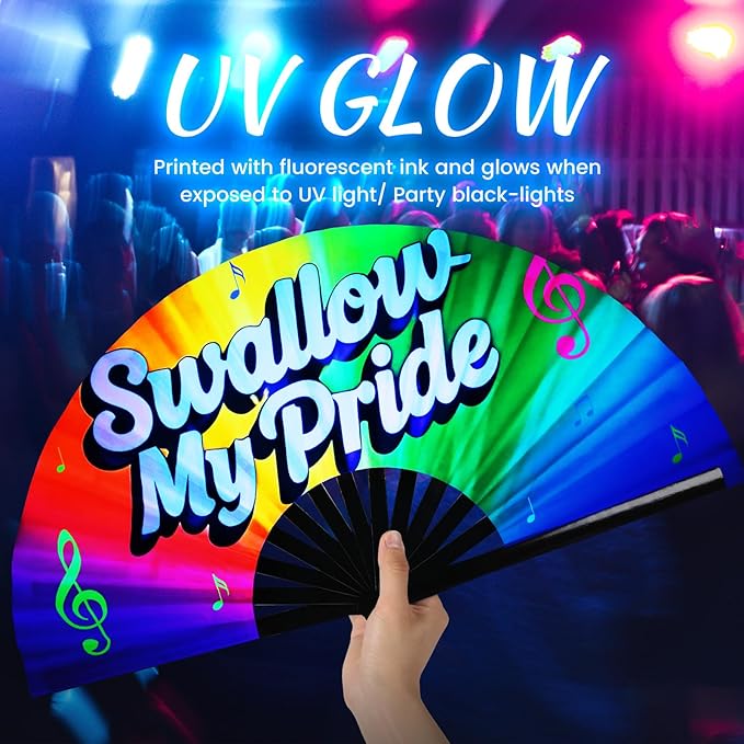 SYNTECSO Folding Hand Fan for Rave, Popping Fan for Line Dancing, Drag Queen, Women and Men Gift,Chinese Japanese UV Glow Clack Fan for Parties, Music Festivals, EDM and Decoration