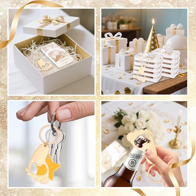 50Pcs Baby Footprint Keychain Small Foot Bottle Opener Key chain Baby Shower Footprint Keychains Foot Bottle Opener Souvenir for Guests Baby Shower Return Gifts for Party Favors with White Boxes