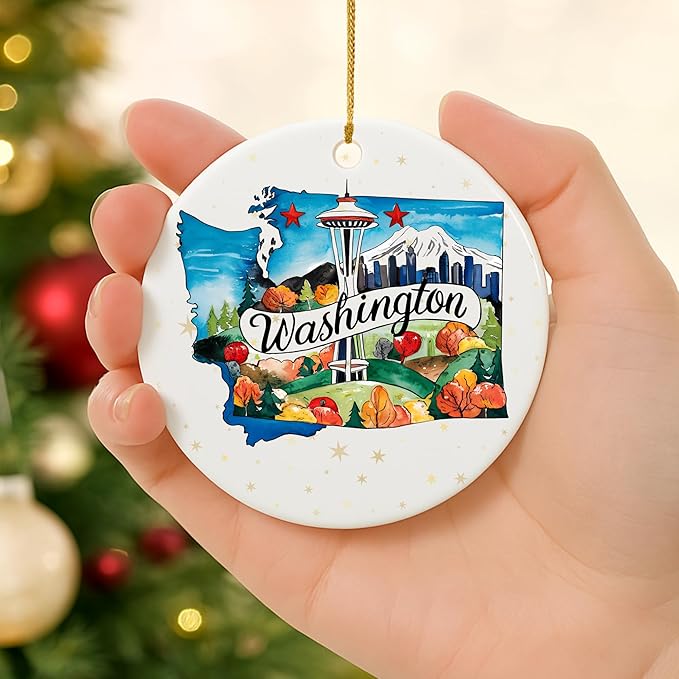 USA State Landmark Ceramic Ornament β Round Glossy Christmas Decoration Featuring U.S. State Art, Landmarks & Holiday Scenery β Collectible Travel Souvenir Ornament Series (Washington)