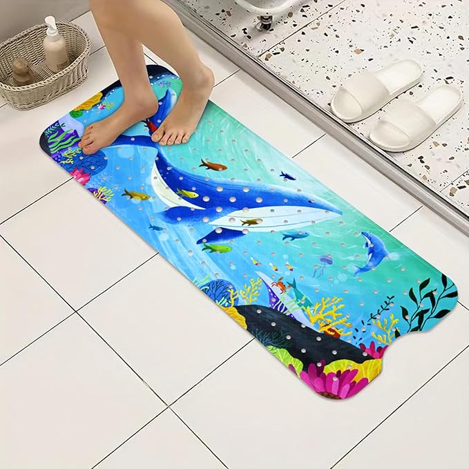 Vanleonet Baby Bath Mat for Tub for Kids, 40''x16'' Extra Long Bathtub Mat Non Slip, Toddler Bath Mat Non-Slip for Tub with Suction Cups & Drain Holes, Machine Washable,Whale