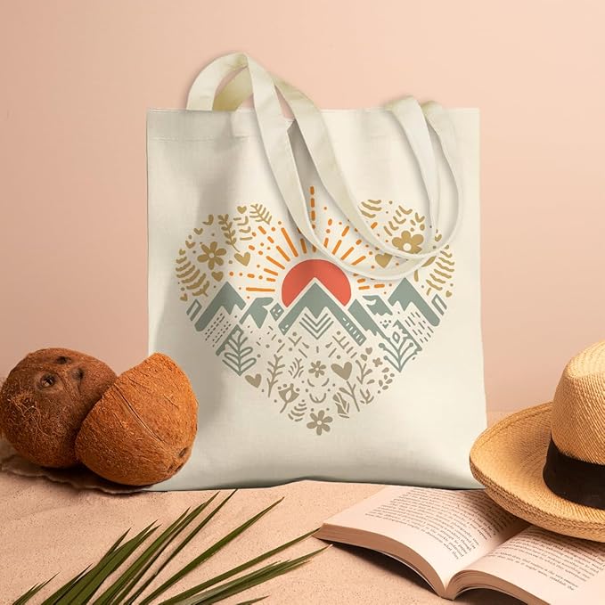 jeilink Cute Mountain Adventure Sunshine Canvas Tote Bag Camping Gifts Weekender Grocery Bags for Women Girls