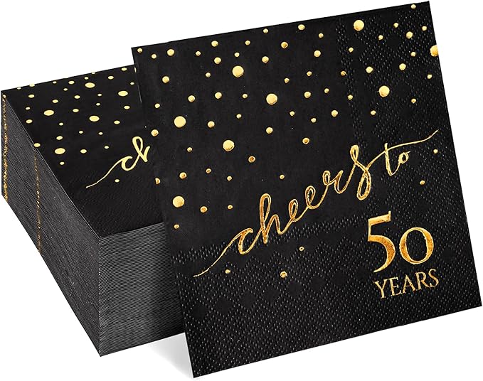 100 Pack of 50th Birthday Napkins, Cheers to 50 Cocktail 5x5 Inches Party Paper Napkins for Birthday Decorations Wedding Anniversary Black and Gold, 3-Ply