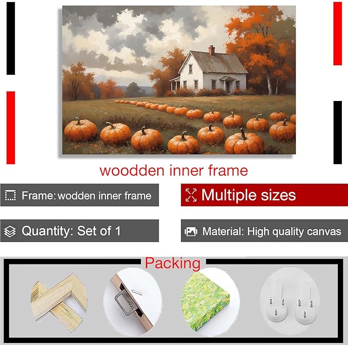Autumn Pumpkin Patch Print Country Farm Natural Scenery Decorative Painting Suitable for Home Decor Bathroom Bedroom Living Room Decoration28x40in(70x100cm)- Framed