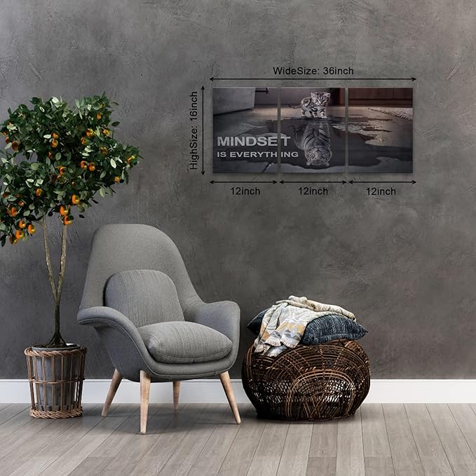 Motivational Canvas Wall Art Mindset is Everything Small Cat Big Tiger Posters Prints 3 Pieces Inspirational Quote Painting for Office Bedroom Decor (36" W x 16" H, Y-Mindset)