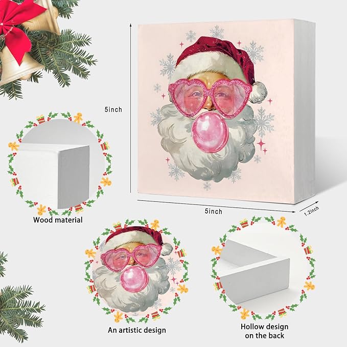Mtrgdn Pink Retro Santa Christmas Wooden Box Signs,Pink Christmas Sign,Santa Clause Christmas Decor,Christmas Table Decor,Xmas Decor Christmas Birthday Gifts for Women 5x5