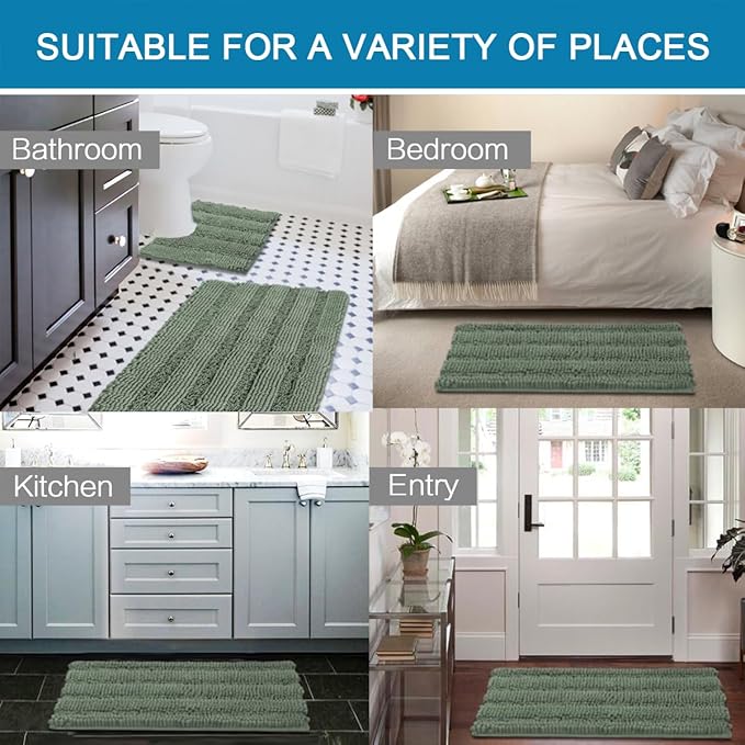 H.VERSAILTEX Bathroom Rugs Bath Rug Set 2 Piece Bathroom Contour Rug Toilet Mat Non Slip Contour Bath Rug Ultra Thick Water Absorbent Striped Bath Mats Washable(47" x 17" Plus 20" x 20" U, Green Bay)
