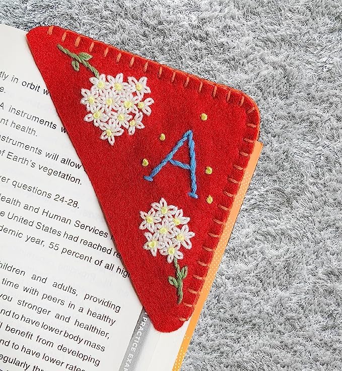 Personalized Hand Embroidered Corner Bookmark, Cute Flower Book Mark, Hand Stitch Gift for Women Book Lovers by HNQCPCVU (A, RED)