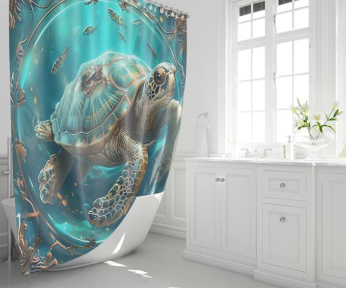 Sea Turtle Shower Curtains - 4 Pcs Kids Shower Curtain Set Ocean Themed Shower Curtain Turtle Shower Curtains for Bathroom Turtle Bathroom Accessories with Rug,and Bath Mat with 12 Hooks