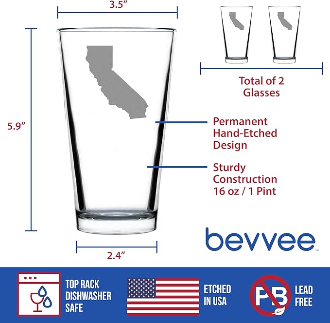 Bevvee California State Outline Pint Glass for Beer - State Themed Drinking Decor and Gifts for Californian Women & Men - Set of 2-16 Oz Glasses