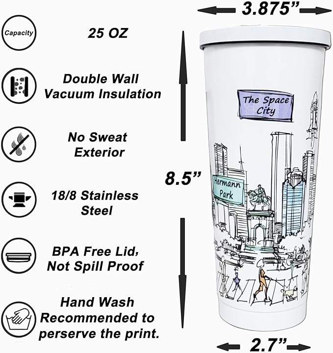 Cities Around the World 25 Oz Tumbler Series - Designed in the USA - Vacuum Insulated Tumbler with Lids & Straw - Stainless Steel Coffee Water Travel Mug, for Hot Cold Drink (Houston)