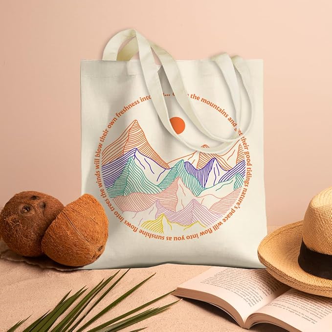 jeilink Cute Mountain Adventure Sunshine Canvas Tote Bag Camping Gifts Weekender Grocery Bags for Women Girls