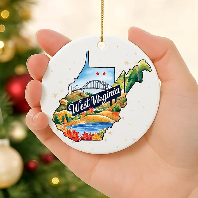 USA State Landmark Ceramic Ornament β Round Glossy Christmas Decoration Featuring U.S. State Art, Landmarks & Holiday Scenery β Collectible Travel Souvenir Ornament Series (West Virginia)