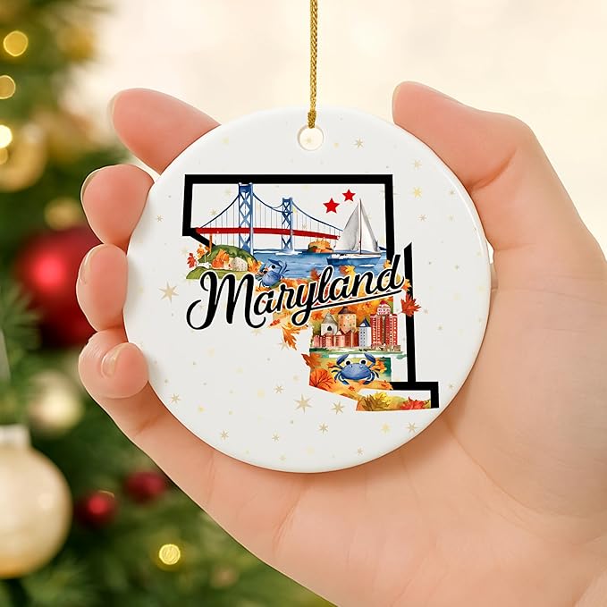 USA State Landmark Ceramic Ornament β Round Glossy Christmas Decoration Featuring U.S. State Art, Landmarks & Holiday Scenery β Collectible Travel Souvenir Ornament Series (Maryland)