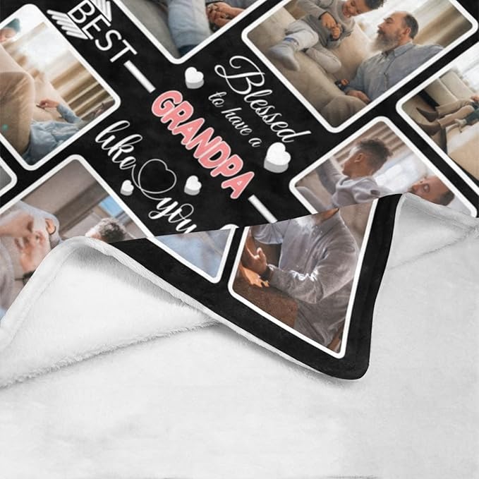 Custom Blanket Gifts with Photos, Personalized Bed Throws for Grandpa, Custom Souvenir Throw Blanket for Best Grandpa Ever, 8 Collages Made in USA