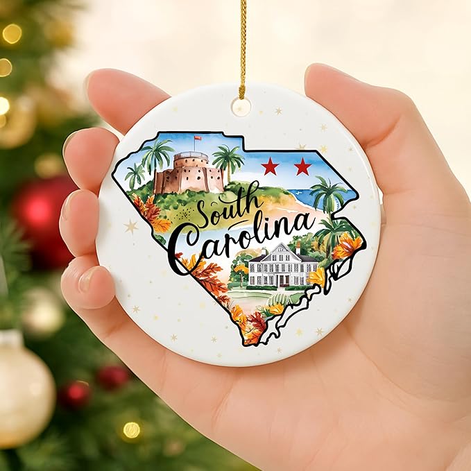 USA State Landmark Ceramic Ornament β Round Glossy Christmas Decoration Featuring U.S. State Art, Landmarks & Holiday Scenery β Collectible Travel Souvenir Ornament Series (South Carolina)