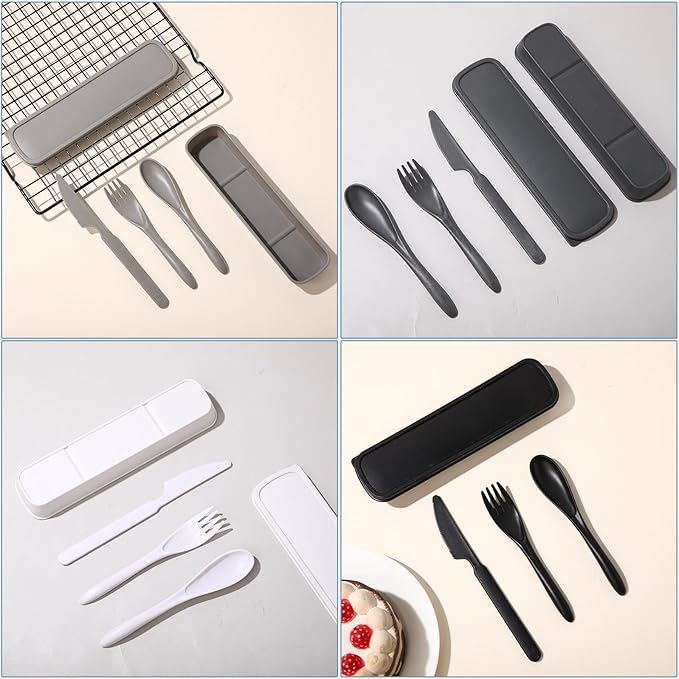 Yahenda 28 Sets Reusable Travel Utensils Set with Case Wheat Straw Cutlery Portable Spoon Knife Forks Plastic Tableware Lunch Box Accessories Bulk for Adults Travel Picnic Camping Utensils(Cold Color)