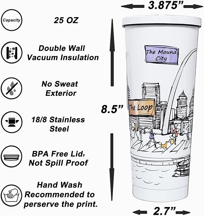 Cities Around the World 25 Oz Tumbler Series- Designed in the USA- Vacuum Insulated Tumbler with Lids Straw - Stainless Steel Coffee Water Travel Mug, Cup for Hot Cold Drink (St Louis)