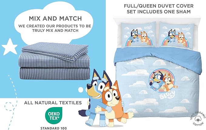Saturday Park Bluey and Bingo Rainbow Clouds Full/Queen Duvet Cover & Sham Set - 3 Piece 100% Organic Cotton Duvet Set - GOTS & Oeko-TEX Certified