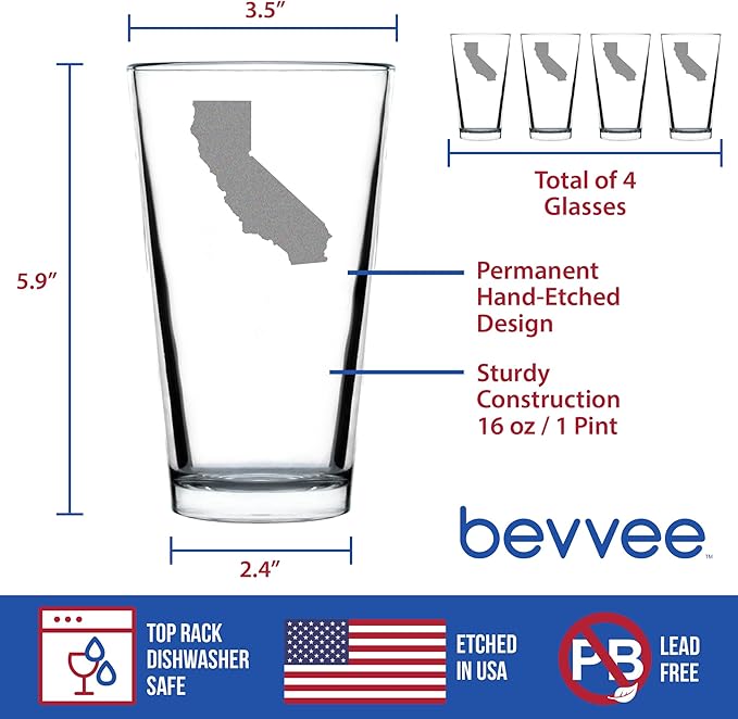Bevvee California State Outline Pint Glass for Beer - State Themed Drinking Decor and Gifts for Californian Women & Men - Set of 4-16 Oz Glasses