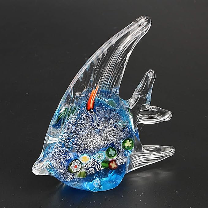 Hophen Angel Fish Art Glass Blown Handmade Sea Animal Figurine Sculpture Home Decor Collectible Statue Paper Weight Gift Ornament (Small Blue)