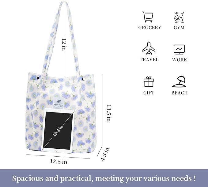 Corduroy Tote Bag Cute Tote Bags for Women Shoulder Bag with Inner Pocket for Work Beach Travel and Shopping Grocery