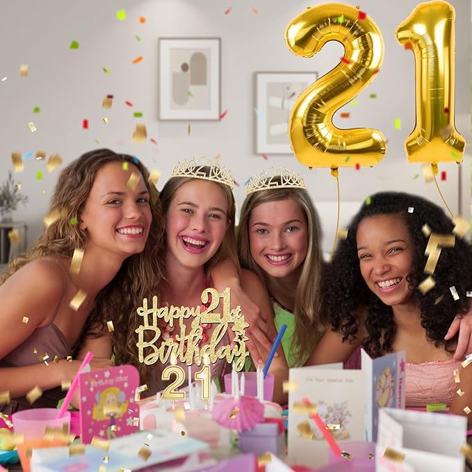 21st Birthday Decorations for Her Gold with 21st Birthday Sash and Tiara, Cake Topper and candles, Number Balloons, 21 Year Old Gifts for Her