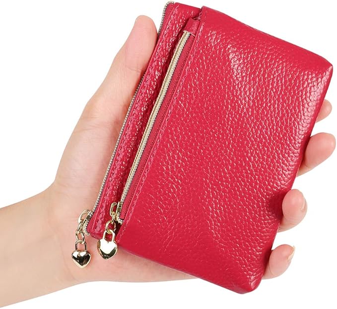 Women's Genuine Leather Coin Purse Zipper Pocket Size Pouch Change Wallet, Rose