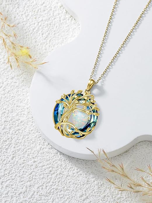 TOUPOP Tree of Life Birthstone Necklace 925 Sterling Silver Pendant Austrian Crystal Jewelry Anniversary Valentine's Day Birthday Gifts for Women Mom Her Wife
