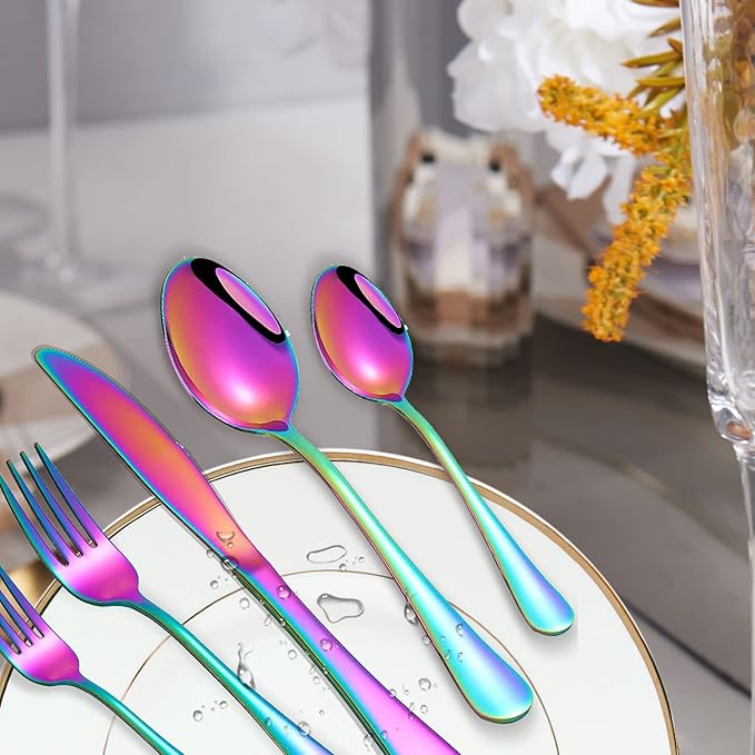 Rainbow Spoons and Forks Set, Set of 16 Top Food Grade Stainless Steel Forks and Spoons Silverware Set, Kitchen Accessories Forks (8 Inch) and Spoons (6.69 Inch) Cutlery Set, Mirror Finish