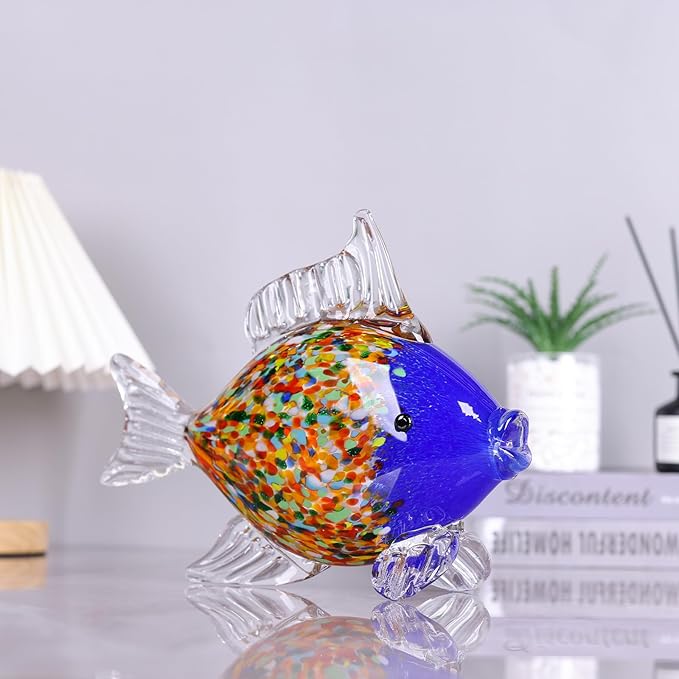 Colorful Blown Glass Fish Figurine – Blue Art Animal Sculpture for Ocean Coastal Home Decor, Handcrafted Glass Fish Ornament for Tabletop, Shelf, or Aquarium Theme Display (G)
