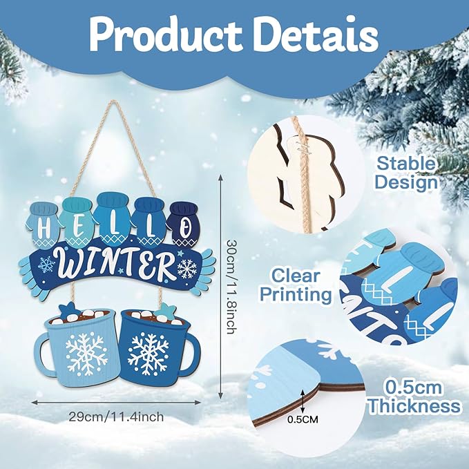 CHDITB Hello Winter Wooden Sign, Hot Cocoa Wooden Hanging Plaque, Christmas Front Door Hanger, Seasonal Snowflake Wall Art Sign Hanger for Xmas Holiday Decoration