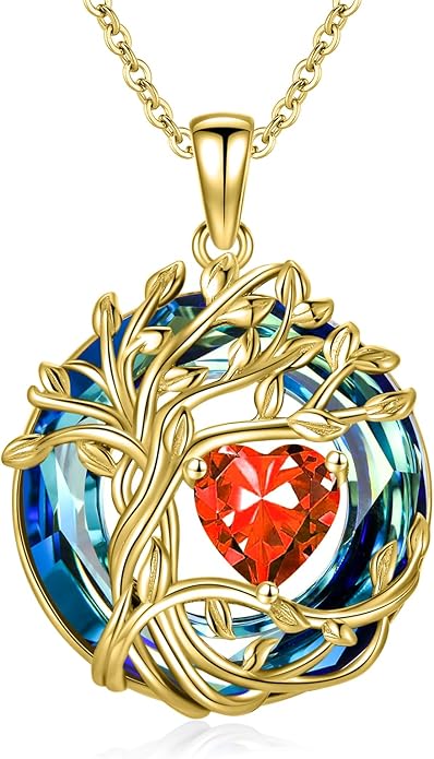 TOUPOP Tree of Life Birthstone Necklace 925 Sterling Silver Pendant Austrian Crystal Jewelry Anniversary Valentine's Day Birthday Gifts for Women Mom Her Wife