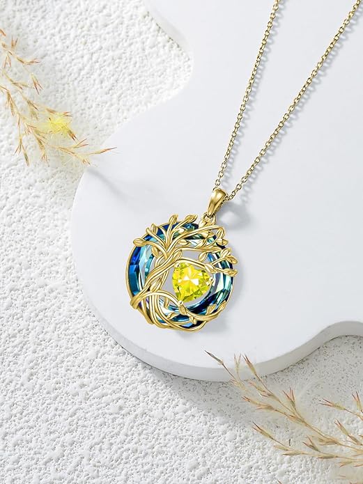 TOUPOP Tree of Life Birthstone Necklace 925 Sterling Silver Pendant Austrian Crystal Jewelry Anniversary Valentine's Day Birthday Gifts for Women Mom Her Wife