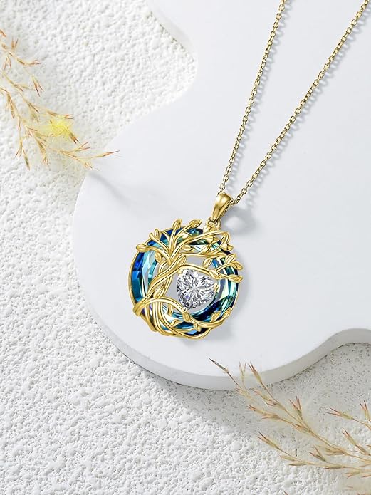 TOUPOP Tree of Life Birthstone Necklace 925 Sterling Silver Pendant Austrian Crystal Jewelry Anniversary Valentine's Day Birthday Gifts for Women Mom Her Wife