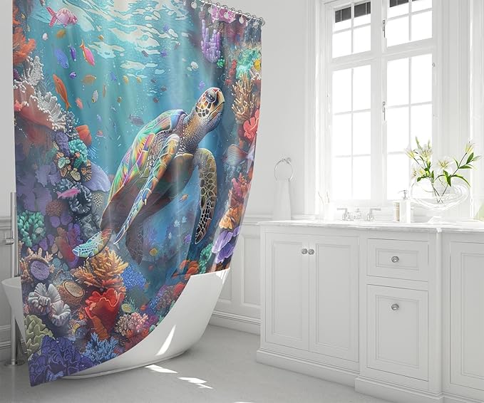 Turtle Shower Curtains for Bathroom - 4 Pcs Kids Shower Curtain Set Ocean Shower Curtains for Bathroom Sea Turtle Shower Curtain Set with Rug,Toilet Cover and Bath Mat with 12 Hooks