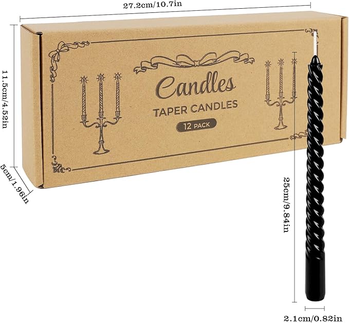 10 Inch Black Spiral Taper Candle Set, 12 Pack Unscented Dripless Candlesticks for Halloween,Dinner,Party Brithday Wedding and Home Decoration