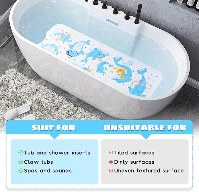 Baby Bath Mat for Tub Non Slip Kids Bathtub Mat Extra Long 40X16 Inch Toddler Bath Tub Shower Mat Anti Slip with Suction Cups & Drain Holes, Machine Washable (Dolphins)