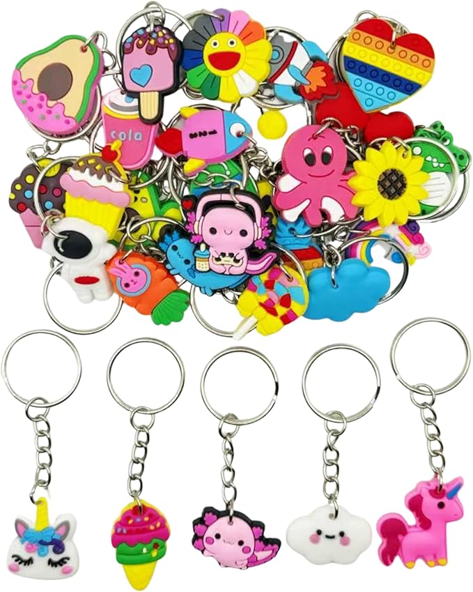 Ella & Emma 30/50/100 Bulk Different Keychains, Mixed Non-Repeat Cute Key Chain for Classroom Prizes Students Incentives Holiday Gifts Party Favors (30pcs Girls Mixed)