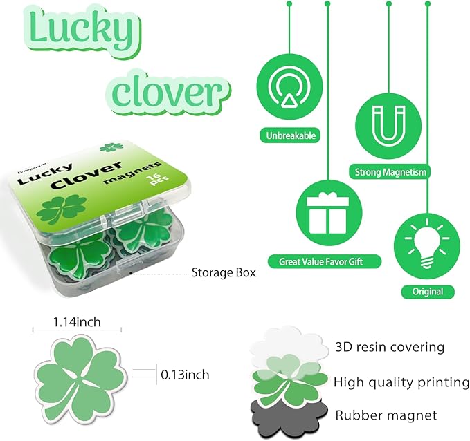 16 Pcs Lucky Clover Fridge Magnets, Refrigerator Magnets Strong Magnetic Cute Small Decorative Designs for Office, Kitchen, Home, Locker, School, Cabinet, Whiteboard & Gift, Plant Magnets